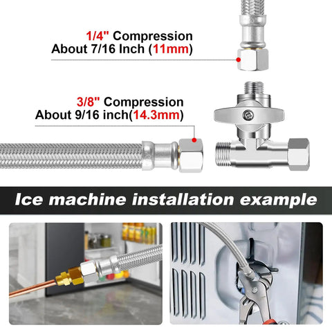 Stainless Steel Braided Ice Maker Water Line Five Foot Burst Proof Hose installation close-up and connection detail
