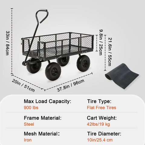 Beefy Heavy Duty Garden Wagon Cart With 880 Lb Capacity And All Terrain Solid Wheels 10 Inch Tires 180 Degree Handle showing dimensions and materials