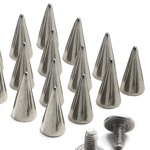 100 Pack Hella Tough Zinc Alloy Spike Rivets Badass Punk Metal Studs With Heavy Duty Iron Screw Back For Leather Jackets Clothing Shoes Belts Bags Hats Silver 12mm close-up of silver metal spike studs and screws
