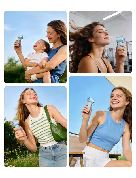 People using Portable Handheld Turbo Fan With Ice Cooling And 199 Speed Infinite Adjustment Rechargeable Personal Fan for travel