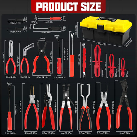 38 Piece Automotive Hose Clamp Pliers Set Plus Fuel Line Disconnect Toolkit displayed with tool sizes and a toolbox