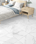 White Marble Peel And Stick Floor Tiles 12x12 Self Adhesive Waterproof Vinyl Flooring in bedroom installation