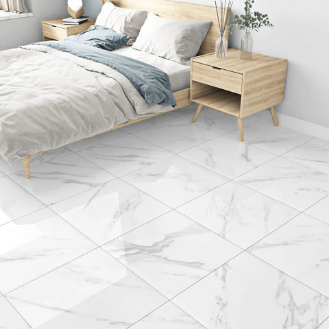 White Marble Peel And Stick Floor Tiles 12x12 Self Adhesive Waterproof Vinyl Flooring in bedroom installation
