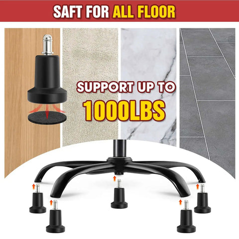 Premium Office Chair Glides Replace Swivel Casters With Slick Stationary Fixed Feet shown supporting up to 1000 lbs on various floor types.