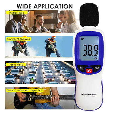 Portable Bluetooth Decibel Meter With Data Logging And Smartphone App Connectivity, Records 30 To 130 DBA Noise Levels, Includes Data Hold, Max Min Alarm, And Backlit LCD Display For Easy Readouts. handheld sound level meter with windscreen for noise checks