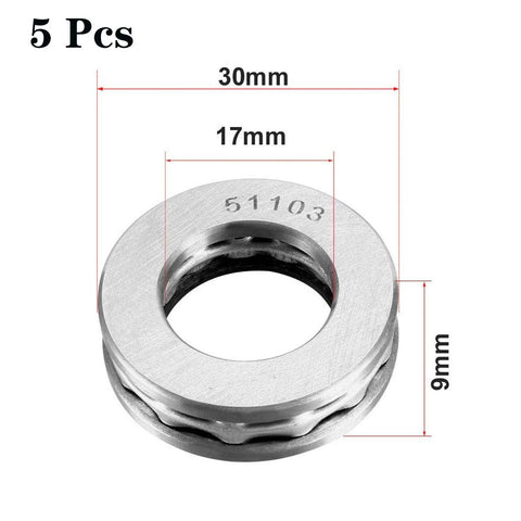 Five-pack of 51103 thrust ball bearings, steel, 17x30x9 mm, front view