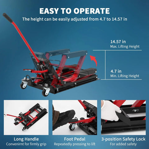 Beefy Hydraulic Motorcycle Lift Jack With 1500 Lb Capacity For Dirt Bikes And ATVs, Adjustable Lift, Non Slip Platform, Red