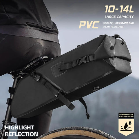 Massive 10 To 14L Under Seat Bike Saddle Bag With Roll Top Seal Durable PVC Fabric And Adjustable Straps For Long Distance Rides Tail Pack Storage For Gear Tools Tubes And Essentials