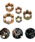 Built Tough Golden Alloy Castle Nut Kit For Go Kart Steering Rod Replacement 5 Piece 8mm To 16mm displayed with usage examples