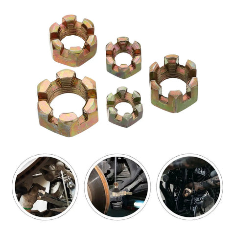 Built Tough Golden Alloy Castle Nut Kit For Go Kart Steering Rod Replacement 5 Piece 8mm To 16mm displayed with usage examples
