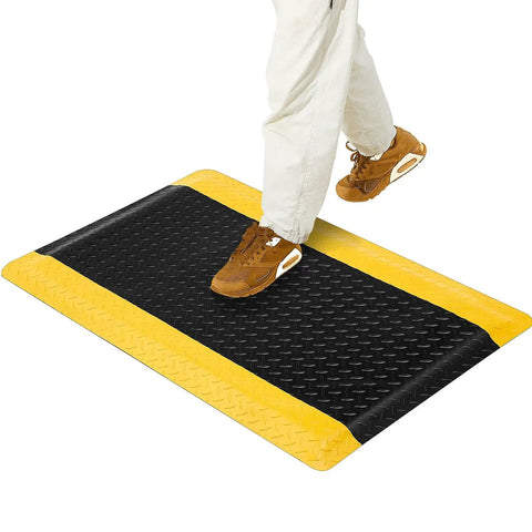 Heavy Duty Anti Fatigue Floor Mat 2x3 Ft Diamond Plate Vinyl Non Slip Ergonomic Standing Pad for Workshop Black With Yellow Border