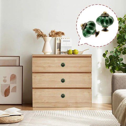 8-Piece Ceramic Pumpkin Cabinet Knobs In Dark Green With Dope Vintage Vibe For Vanity, Closet And Cupboard displayed on wood drawers