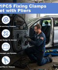 Mechanic using 11 Piece Car Body Dent Repair Clamp And Pliers Set For Quick Fix And Strong Hold on vehicle door repair