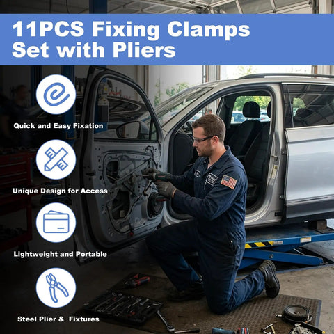Mechanic using 11 Piece Car Body Dent Repair Clamp And Pliers Set For Quick Fix And Strong Hold on vehicle door repair