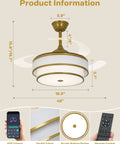 Velsgate 48 Inch Retractable Ceiling Fans with Lights and Remote showing golden trim, double fabric drum design, and dimensions.