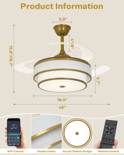 Velsgate 48 Inch Retractable Ceiling Fans with Lights and Remote showing golden trim, double fabric drum design, and dimensions.