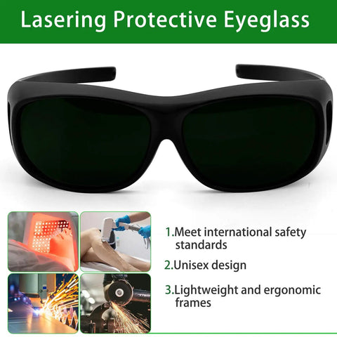 Heavy Duty Laser Protection IPL Safety Glasses With OD4 Plus Shade Rating for salon use with green tinted polycarbonate lenses.