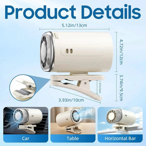 Clip On Car Fan With LED Display Portable USB Rechargeable Bladeless Cooling Mini Fan 360 Degree Swivel 3 Speed Breeze image.