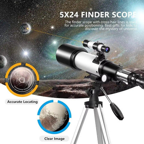 Beginner Friendly 70mm Aperture 400mm Focal Refractor Telescope With AZ Mount Extending Tripod in use for stargazing.