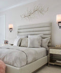 Modern Wall Sconces With White Fabric Shade Two Pack For Bedroom Hallway Entryway Bathroom Vanity Bedside Lighting Metal Fixture With Curved Design And Open Back Compatibility With LED Incandescent CFL Halogen Up To 40W E12 Bulbs Not Included installed in a bedroom