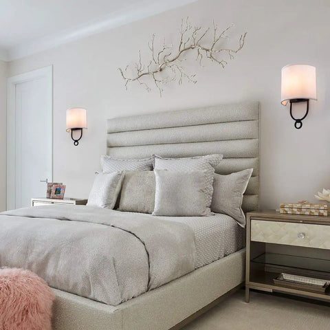 Modern Wall Sconces With White Fabric Shade Two Pack For Bedroom Hallway Entryway Bathroom Vanity Bedside Lighting Metal Fixture With Curved Design And Open Back Compatibility With LED Incandescent CFL Halogen Up To 40W E12 Bulbs Not Included installed in a bedroom