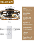 Diagram showing dimensions and details of Farmhouse Style Ceiling Fan With Lights Remote Control, Caged Flush Mount 18 Inch design.