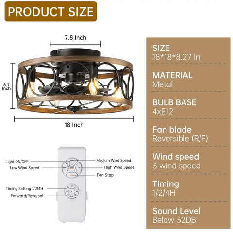 Diagram showing dimensions and details of Farmhouse Style Ceiling Fan With Lights Remote Control, Caged Flush Mount 18 Inch design.