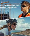 12 Pack Safety Glasses For Men And Women With Anti Fog Scratch Resistant Wrap Around Tinted Smoke Lenses And Non Slip Orange Rubber Grips For A Secure Fit, All Day Comfort, ANSI Z87.1 Rated For Work, DIY, And Outdoor Use, shown with man at construction site and woman cycling.