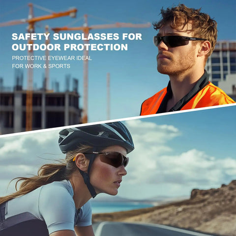 12 Pack Safety Glasses For Men And Women With Anti Fog Scratch Resistant Wrap Around Tinted Smoke Lenses And Non Slip Orange Rubber Grips For A Secure Fit, All Day Comfort, ANSI Z87.1 Rated For Work, DIY, And Outdoor Use, shown with man at construction site and woman cycling.