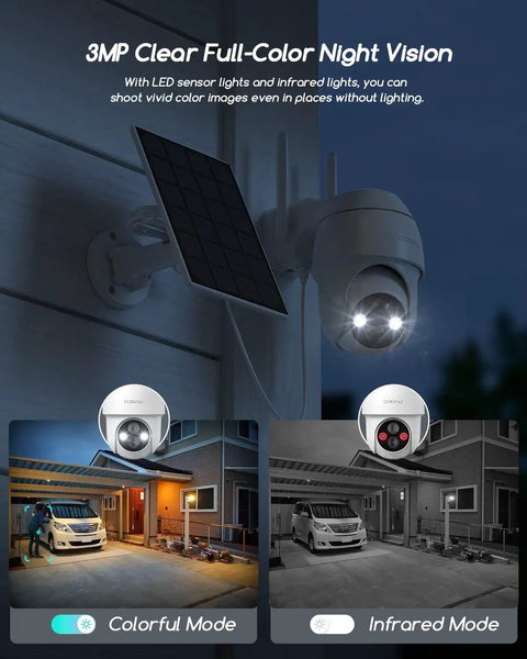 3MP Solar Wireless Security Camera with color night vision mounted on a house wall, showcasing colorful and infrared modes.