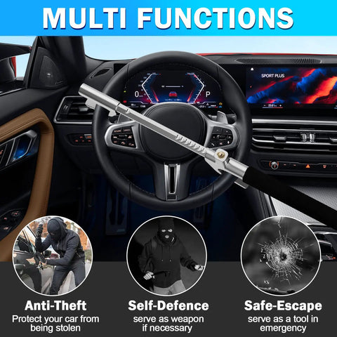 Heavy Duty Steering Wheel Lock Security Bar With Retractable Design for cars, showcasing multi-function use.