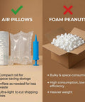 Heavy Duty Air Pillows For Shipping And Moving, 200 Pack Void Fillers With Hand Pump next to foam peanuts comparison