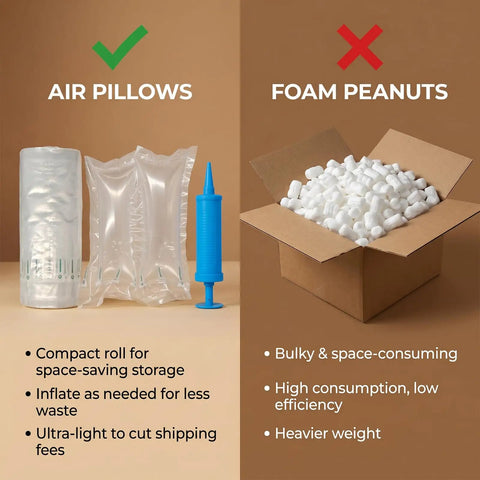 Heavy Duty Air Pillows For Shipping And Moving, 200 Pack Void Fillers With Hand Pump next to foam peanuts comparison