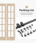 Double 18x84 Inch Bifold French Glass Door Kit with 3.3 ft hardware track and parts, showing spruce framing and components.