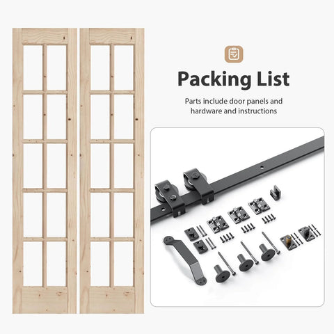 Double 18x84 Inch Bifold French Glass Door Kit with 3.3 ft hardware track and parts, showing spruce framing and components.
