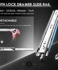 Heavy Duty Drawer Slides 51mm Wide 950mm Long Side Mount Runners With Lock For Cabinets And Drawers shown with lock mechanism
