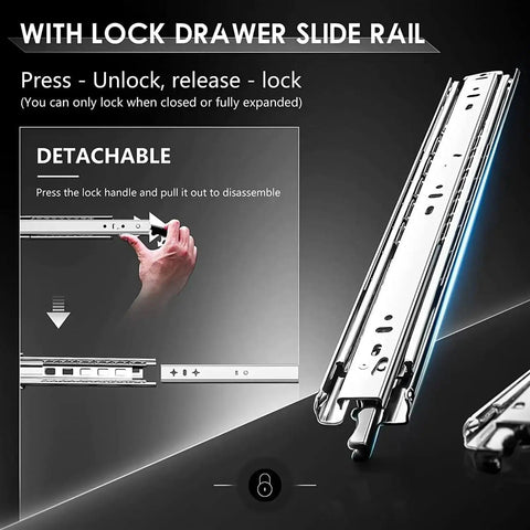 Heavy Duty Drawer Slides 51mm Wide 950mm Long Side Mount Runners With Lock For Cabinets And Drawers shown with lock mechanism