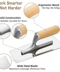 Close-up of Three Piece Venetian Plaster Trowel Set With Stainless Steel Finishing Trowels And Wooden Handles, ergonomic handle focus.