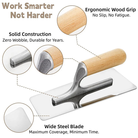 Close-up of Three Piece Venetian Plaster Trowel Set With Stainless Steel Finishing Trowels And Wooden Handles, ergonomic handle focus.