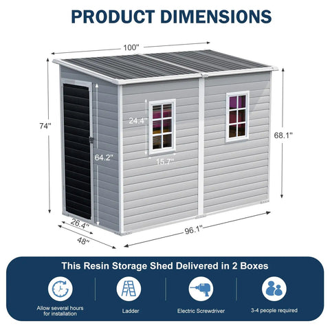 4x8 Foot Resin Lean To Shed With Floor, Waterproof Outdoor Storage Shed, Lockable Door And Window, Plastic Tool Shed
