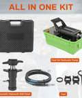 All-in-one kit with Foot Operated Air Hydraulic Pump 10,000 PSI Heavy-Duty With Three Eighths Inch NPT Outlet And Quarter Inch Air Inlet, tool set, hose, and case.