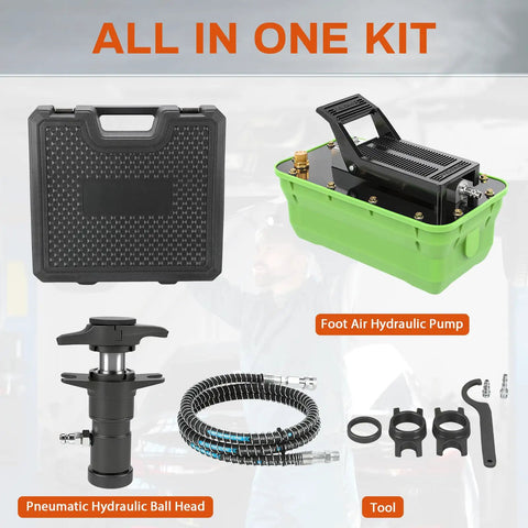 All-in-one kit with Foot Operated Air Hydraulic Pump 10,000 PSI Heavy-Duty With Three Eighths Inch NPT Outlet And Quarter Inch Air Inlet, tool set, hose, and case.