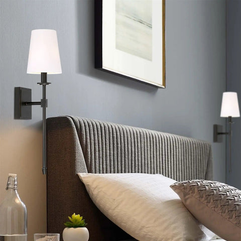Dope Mid Century Modern Wall Sconce 20 Inch Tall With Oil Rubbed Bronze Finish And White Linen Shade beside bed in room