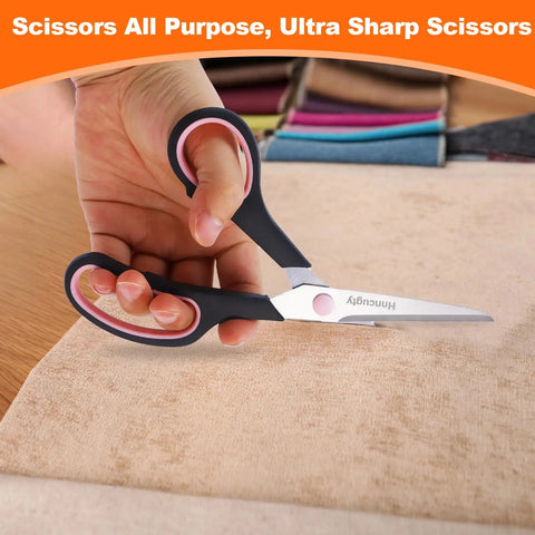 8 Inch All Purpose Scissors Bulk 6 Pack For Office School Home Craft Sewing Fabric Left And Right Handed Comfortable Grip Sharp Stainless Steel Blades, cutting fabric on table