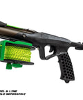 Reaper 90cm Railgun Speargun ergonomic handle view with integrated reel mount and nitro bands for spearfishing and freediving