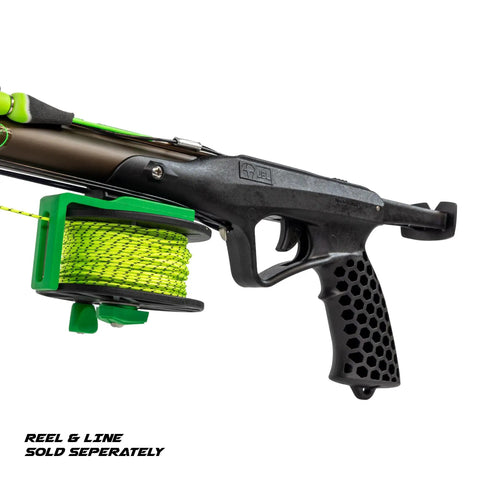 Reaper 90cm Railgun Speargun ergonomic handle view with integrated reel mount and nitro bands for spearfishing and freediving