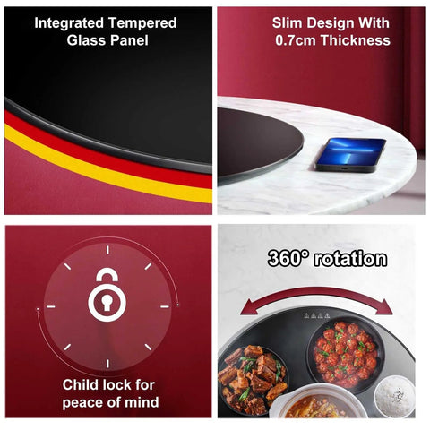 Insulated Glass Lazy Susan For Dining Table Keeps Dishes Warm Longer With A Smooth Silent Turntable And Easy Glide Rotation Built In Insulation Tech Timed Scheduling From 1 To 12 Hours So You Can Set It And Forget It For Effortless Hosting, Featuring Slim 0.7cm Design, Child Lock, and 360° Rotation.