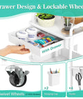 Close-up of Three Tier Rolling Cart With Removable Drawer And Lockable Wheels For Bathroom Kitchen Office Craft Makeup And Baby Essentials White Space Saver Great For Small Spaces And Daily Use showing drawer and wheels