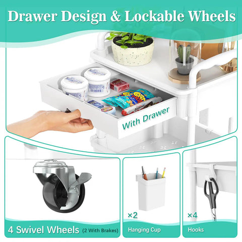 Close-up of Three Tier Rolling Cart With Removable Drawer And Lockable Wheels For Bathroom Kitchen Office Craft Makeup And Baby Essentials White Space Saver Great For Small Spaces And Daily Use showing drawer and wheels