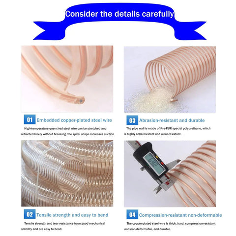 Heavy Duty Workhorse Air Duct Hose For Woodworking Dust Collection Debris Management With Reinforced Steel Wire Core For Kink Free Flex Flow And Rock Solid Shop Performance Three Point Three Feet Long One Point Five Inch Diameter showing reinforced steel wire and flexible polyurethane design.